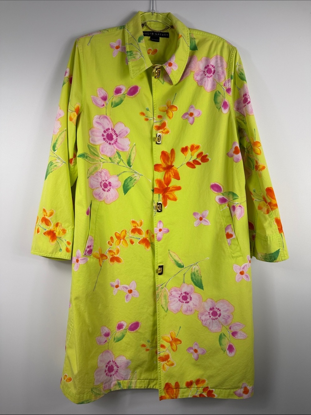 Ralph Lauren Black Label Chartreuse Floral Trench Rain Coat Jacket 14 - Picture 2 of 10